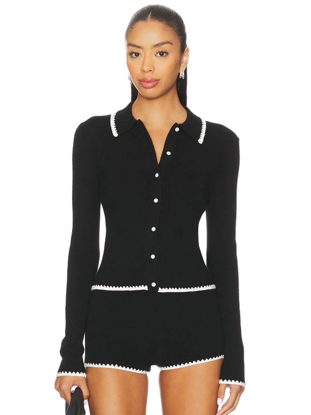 Lovers + Friends Black Knit Button-Front Cardigan & Shorts set with White Trim